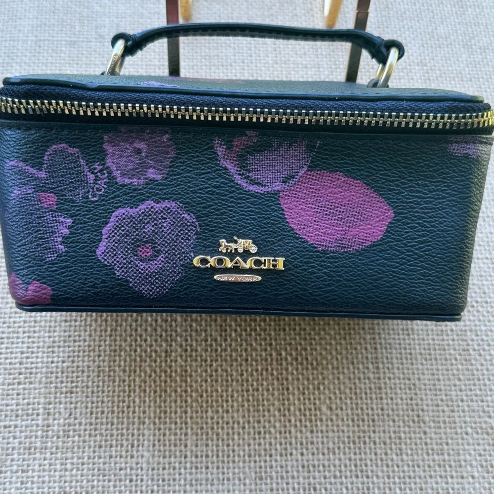 Coach Mini Vanity Jewelry / Make Up Case Black Leather With Flowers - Picture 2 of 7